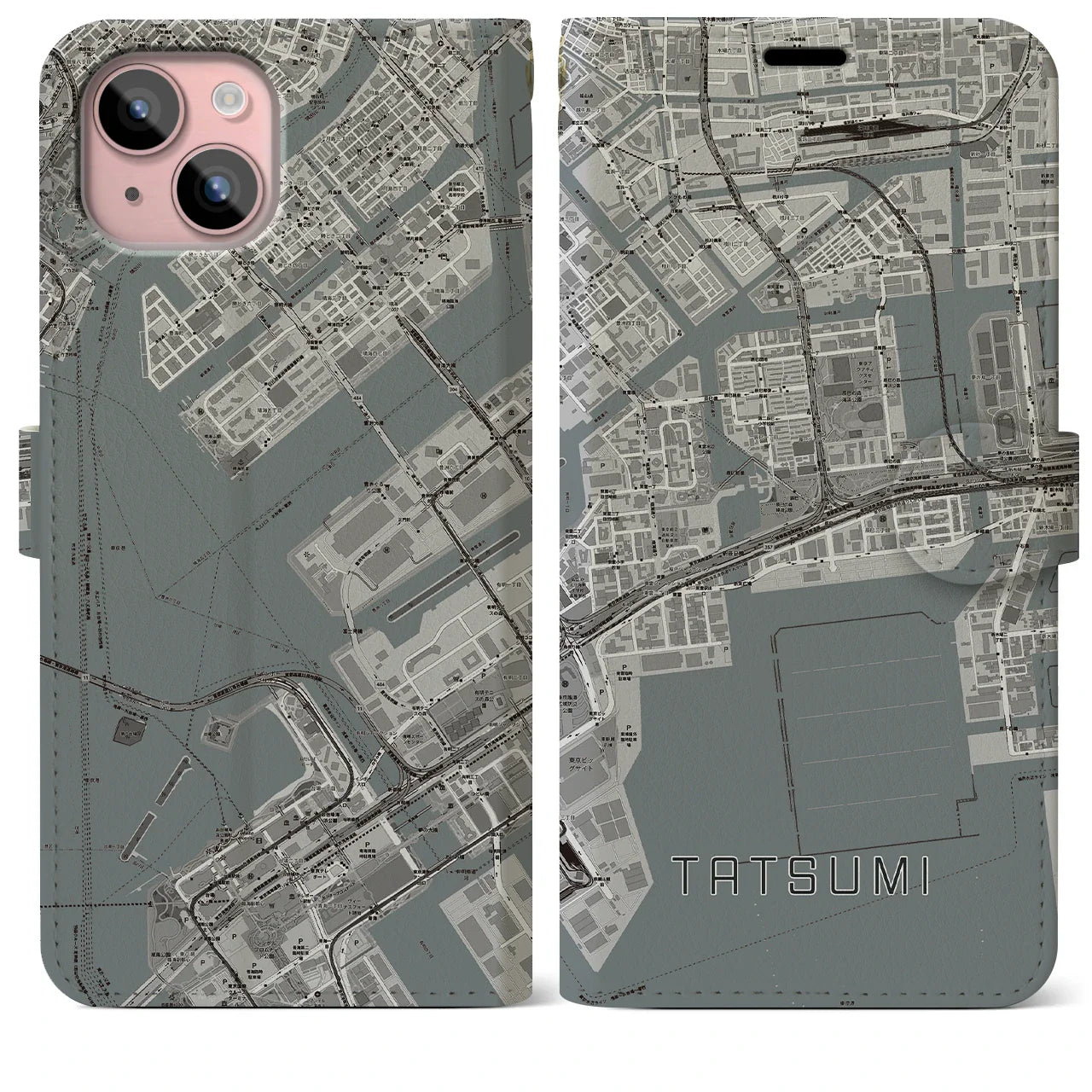 【辰巳(東京都)】地図柄iPhoneケース(手帳タイプ)モノトーン・iPhone 15 Plus 用