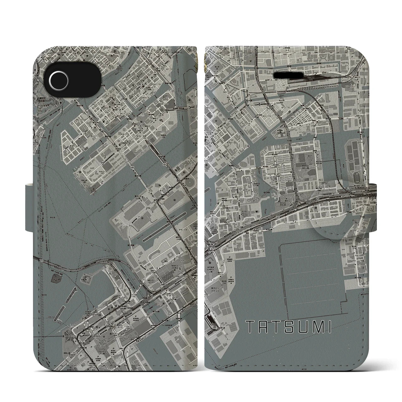 【辰巳(東京都)】地図柄iPhoneケース(手帳タイプ)モノトーン・iPhone SE(第3 / 第2世代) / 8 / 7 / 6s / 6 用