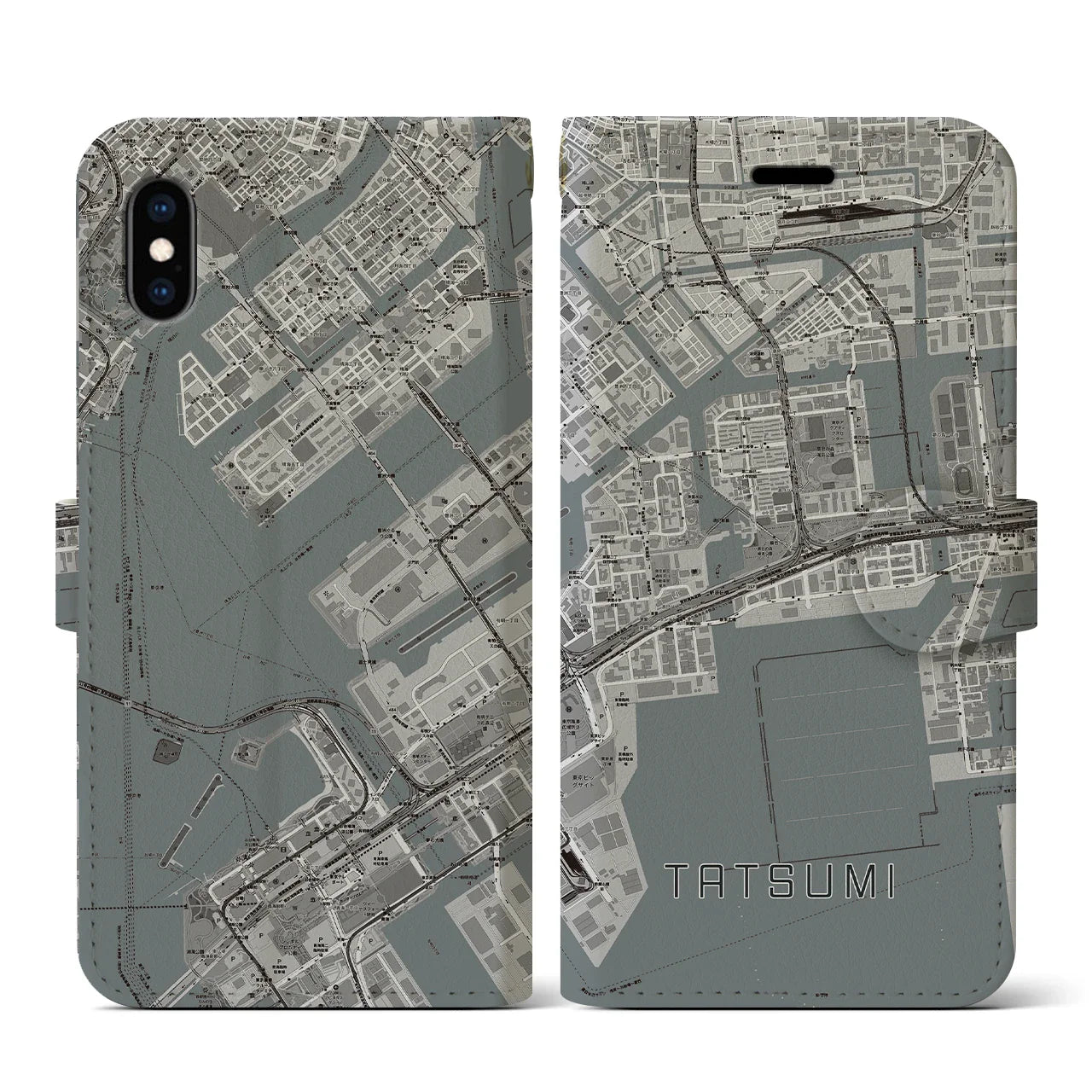【辰巳(東京都)】地図柄iPhoneケース(手帳タイプ)モノトーン・iPhone XS / X 用