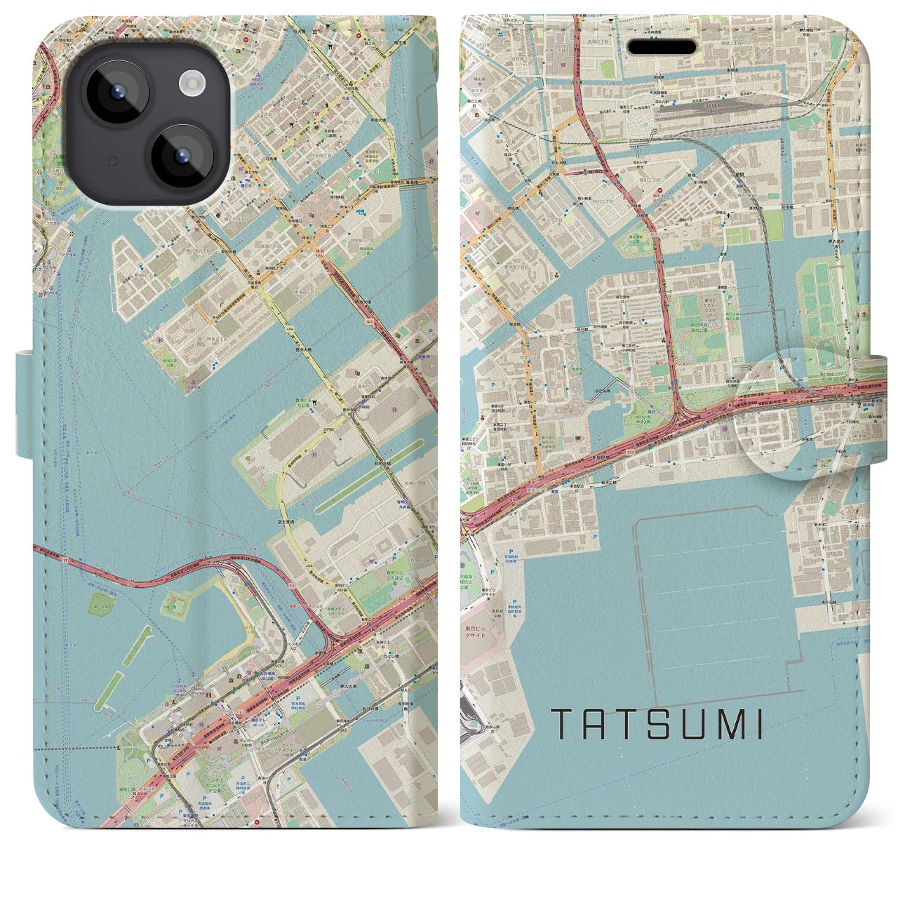 【辰巳(東京都)】地図柄iPhoneケース(手帳タイプ)ナチュラル・iPhone 14 Plus 用