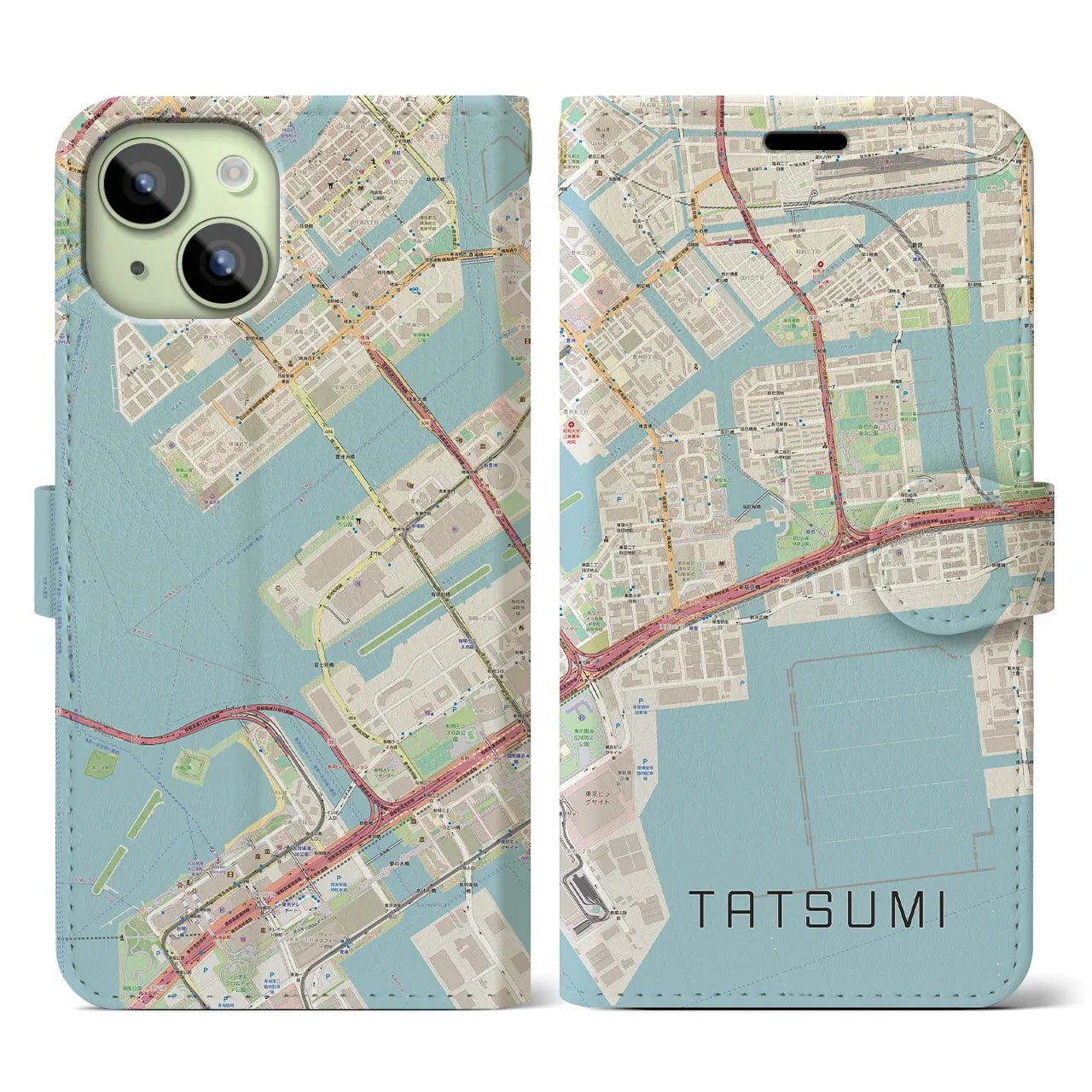 【辰巳(東京都)】地図柄iPhoneケース(手帳タイプ)ナチュラル・iPhone 15 用