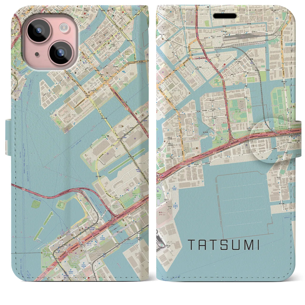 【辰巳(東京都)】地図柄iPhoneケース(手帳タイプ)ナチュラル・iPhone 15 Plus 用