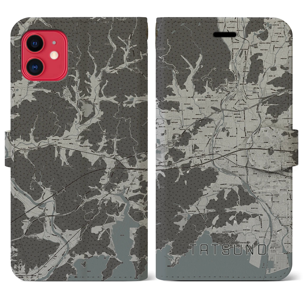 【たつの(兵庫県)】地図柄iPhoneケース(手帳タイプ)モノトーン・iPhone 11 用