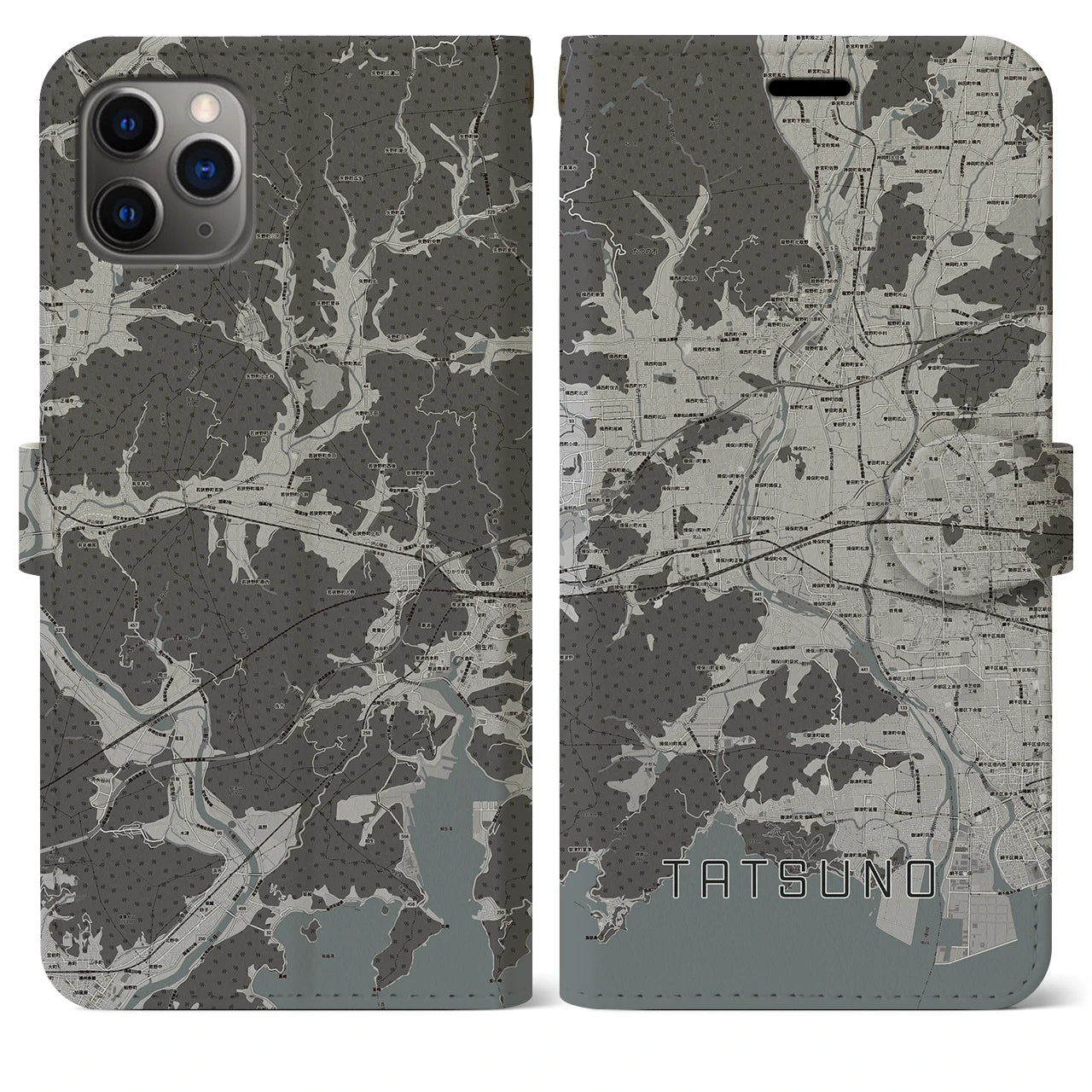 【たつの(兵庫県)】地図柄iPhoneケース(手帳タイプ)モノトーン・iPhone 11 Pro Max 用