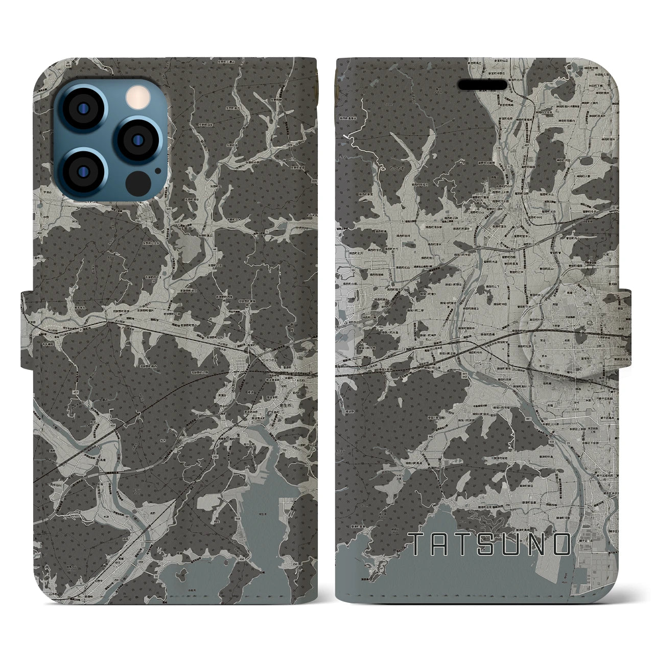 【たつの(兵庫県)】地図柄iPhoneケース(手帳タイプ)モノトーン・iPhone 12 / 12 Pro 用