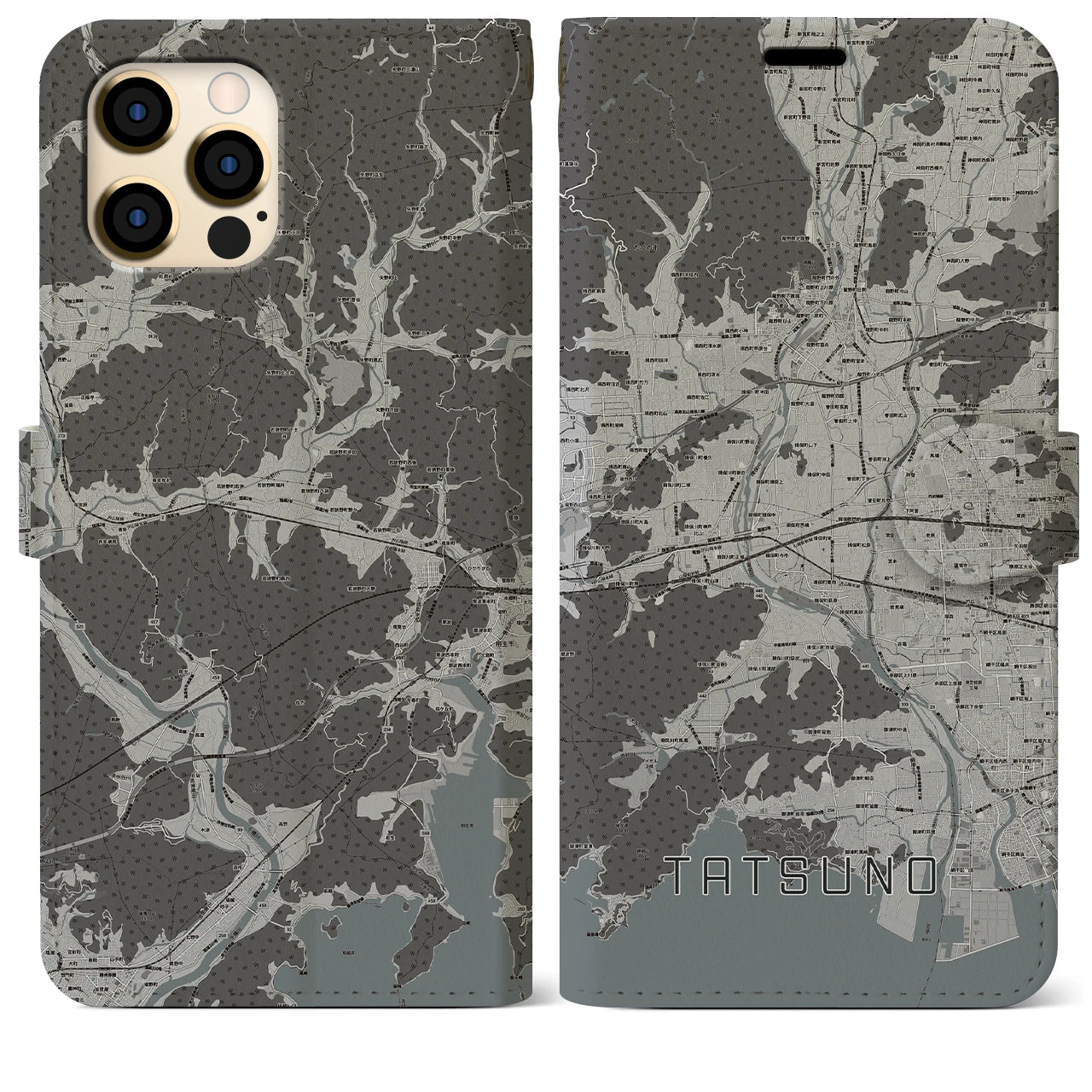 【たつの(兵庫県)】地図柄iPhoneケース(手帳タイプ)モノトーン・iPhone 12 Pro Max 用