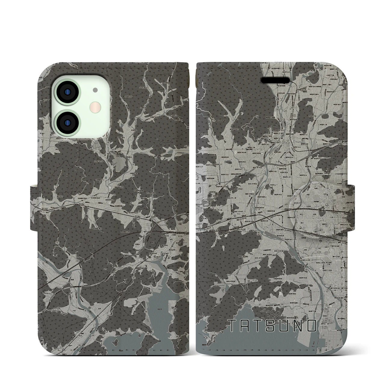 【たつの(兵庫県)】地図柄iPhoneケース(手帳タイプ)モノトーン・iPhone 12 mini 用