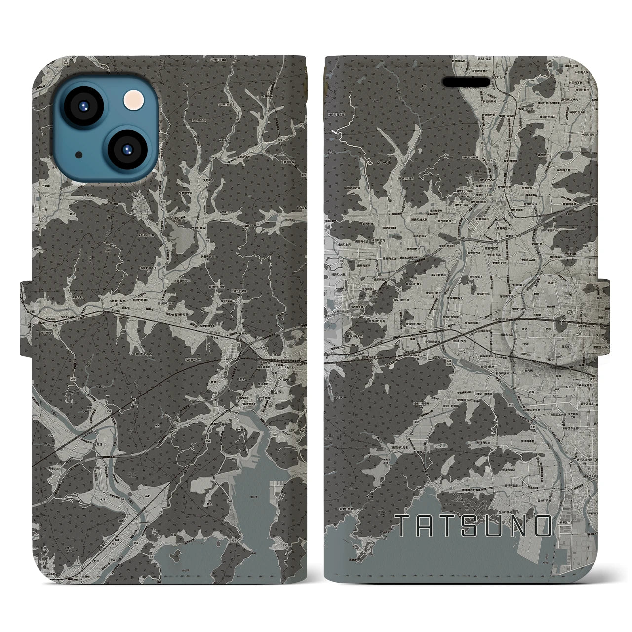 【たつの(兵庫県)】地図柄iPhoneケース(手帳タイプ)モノトーン・iPhone 13 用