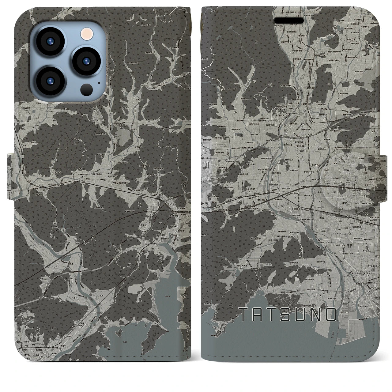 【たつの(兵庫県)】地図柄iPhoneケース(手帳タイプ)モノトーン・iPhone 13 Pro Max 用