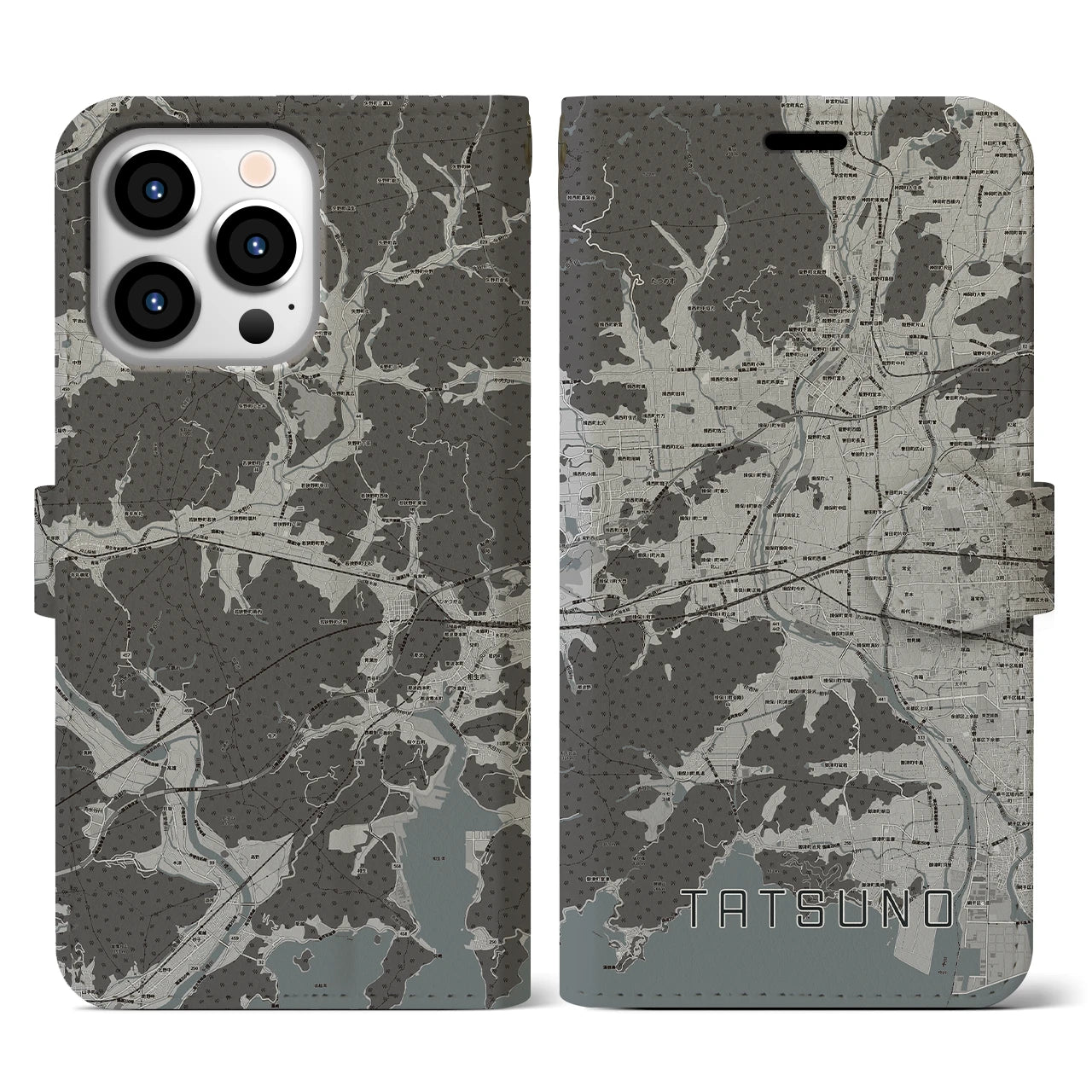 【たつの(兵庫県)】地図柄iPhoneケース(手帳タイプ)モノトーン・iPhone 13 Pro 用