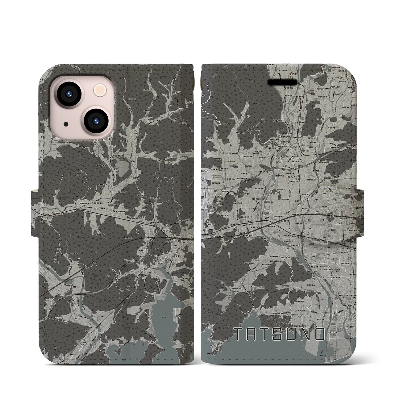 【たつの(兵庫県)】地図柄iPhoneケース(手帳タイプ)モノトーン・iPhone 13 mini 用