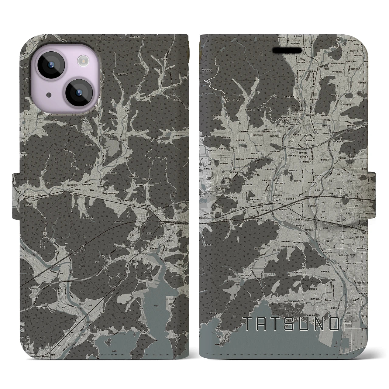【たつの(兵庫県)】地図柄iPhoneケース(手帳タイプ)モノトーン・iPhone 14 用