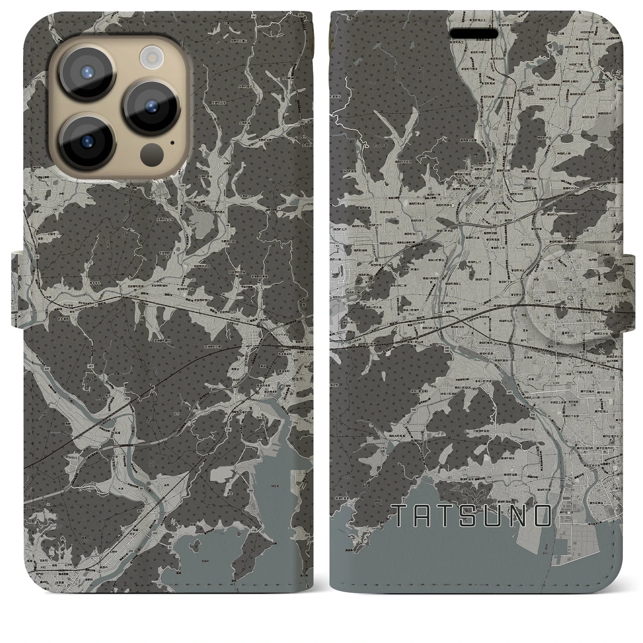 【たつの(兵庫県)】地図柄iPhoneケース(手帳タイプ)モノトーン・iPhone 14 Pro Max 用
