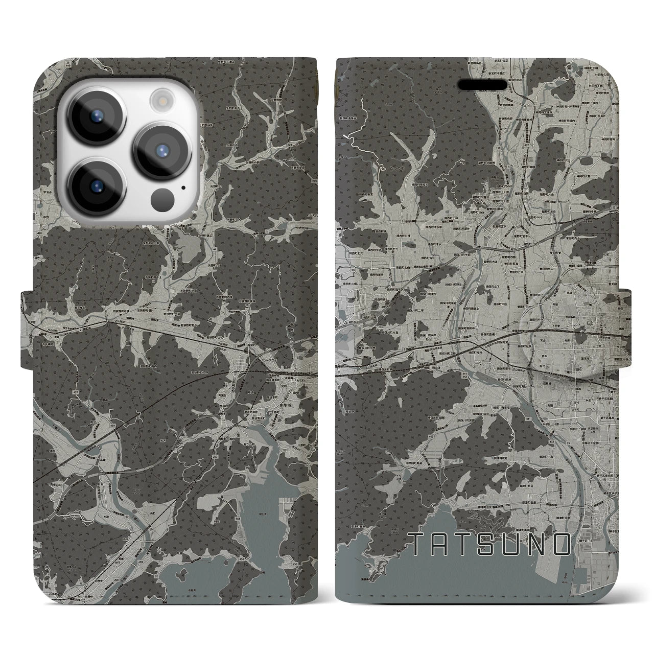 【たつの(兵庫県)】地図柄iPhoneケース(手帳タイプ)モノトーン・iPhone 14 Pro 用