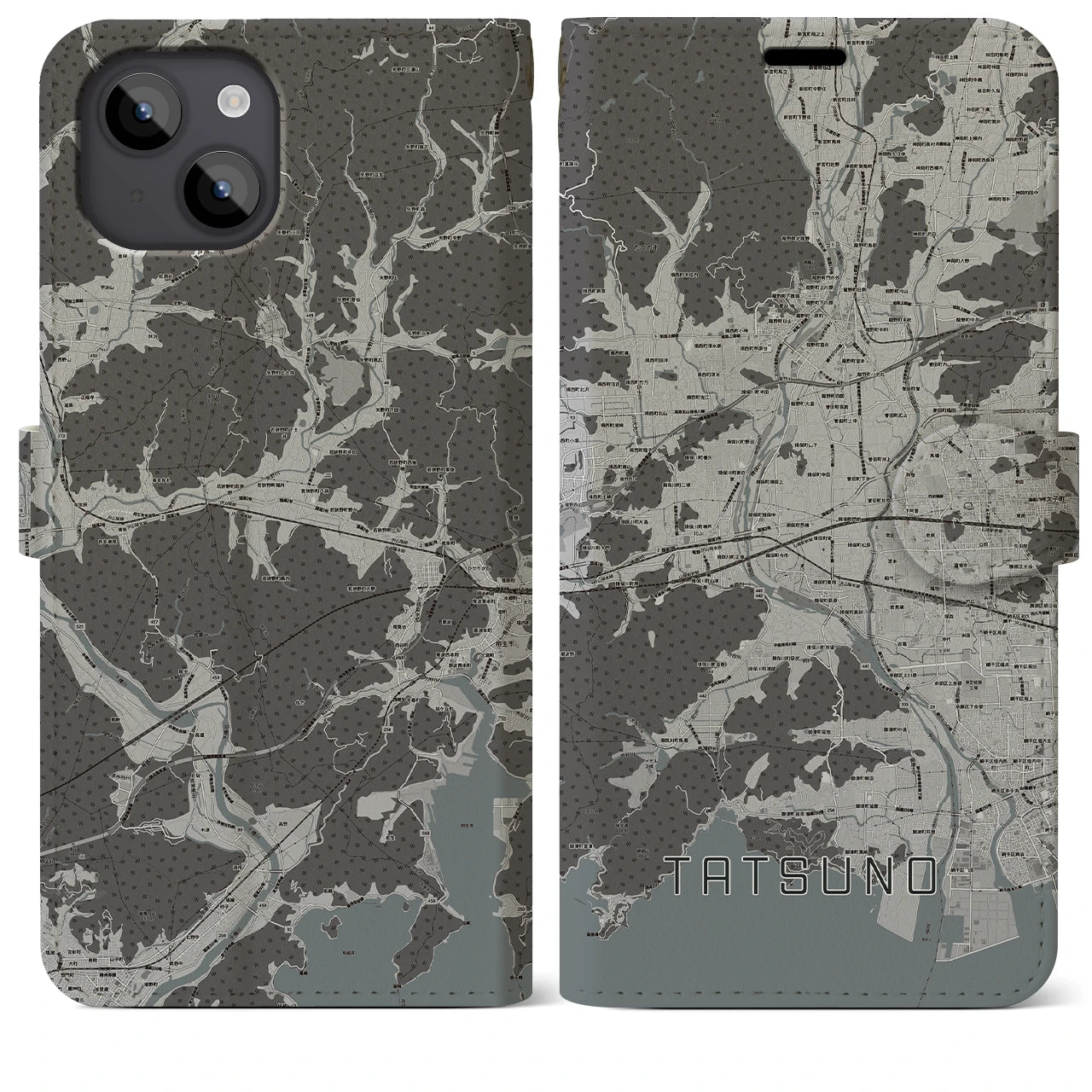 【たつの(兵庫県)】地図柄iPhoneケース(手帳タイプ)モノトーン・iPhone 14 Plus 用