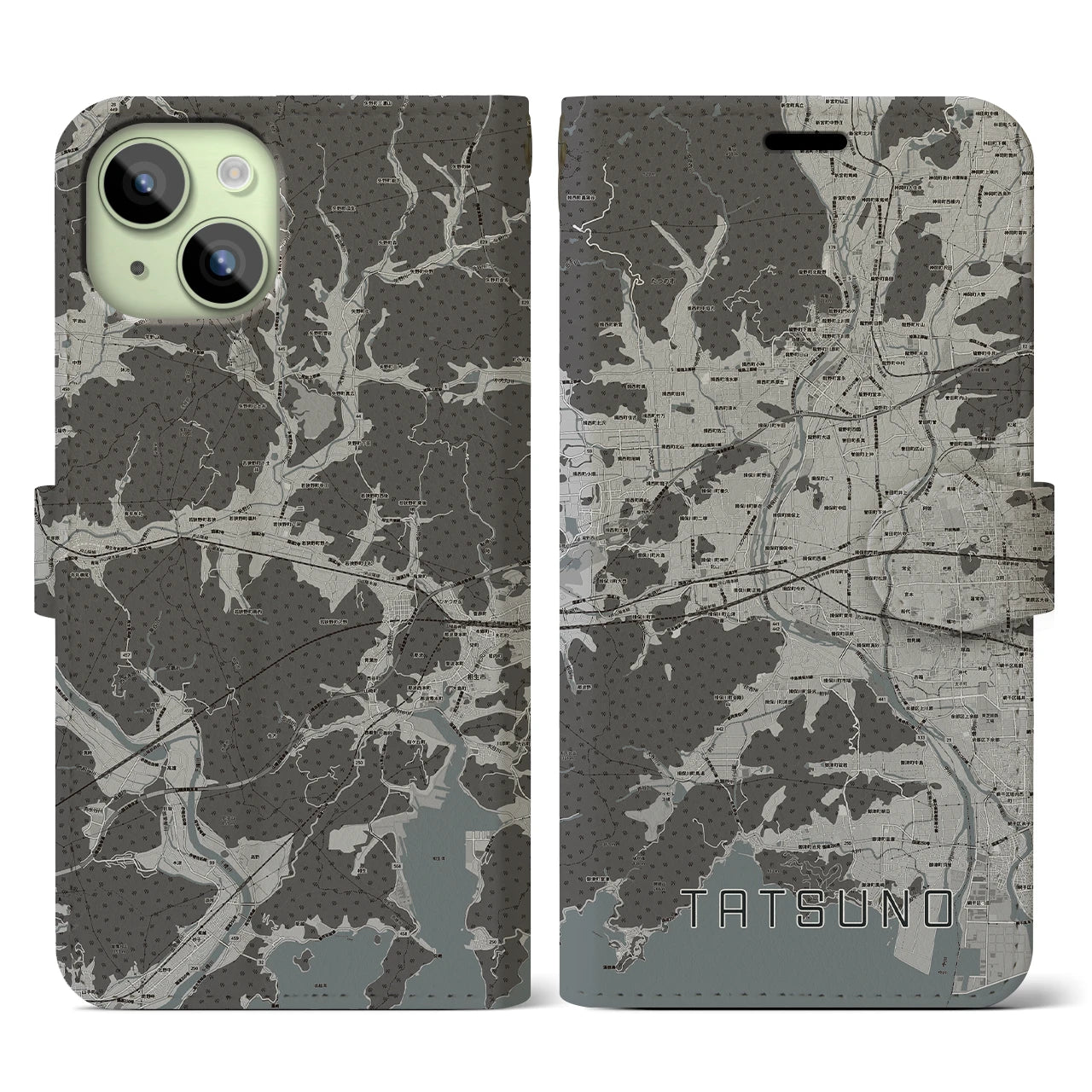 【たつの(兵庫県)】地図柄iPhoneケース(手帳タイプ)モノトーン・iPhone 15 用