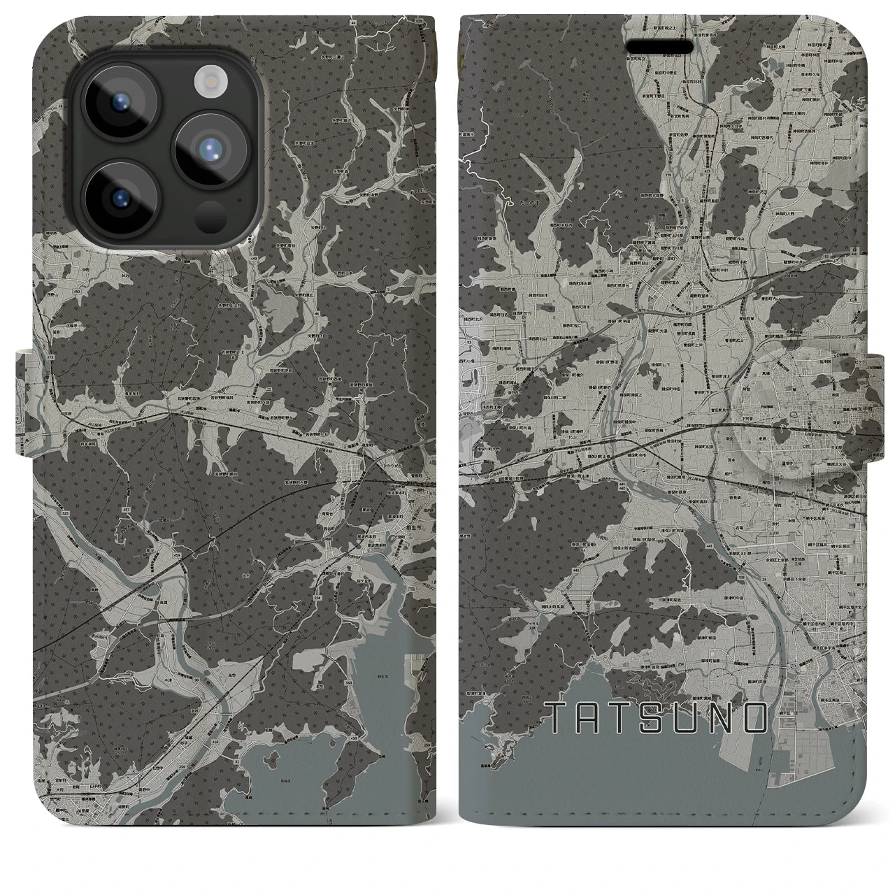 【たつの(兵庫県)】地図柄iPhoneケース(手帳タイプ)モノトーン・iPhone 15 Pro Max 用
