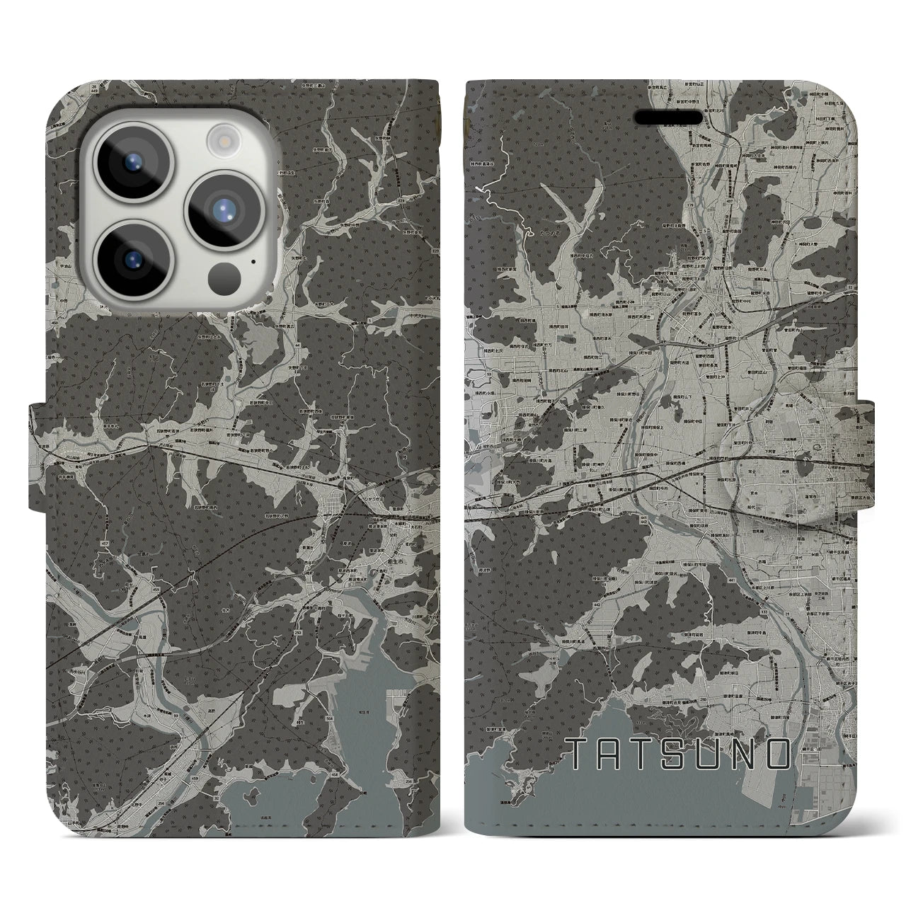【たつの(兵庫県)】地図柄iPhoneケース(手帳タイプ)モノトーン・iPhone 15 Pro 用