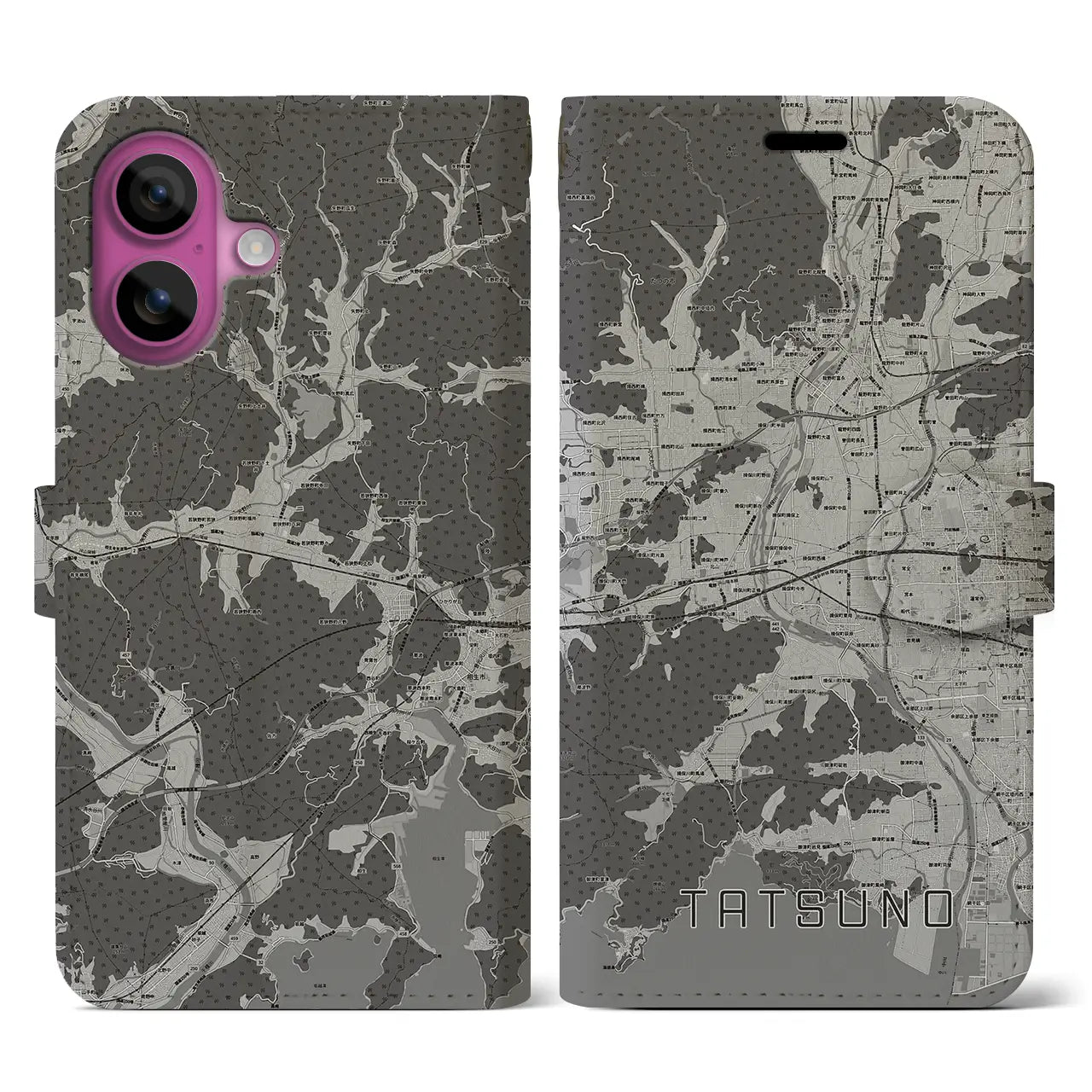 【たつの(兵庫県)】地図柄iPhoneケース(手帳タイプ)モノトーン・iPhone 16 Pro 用