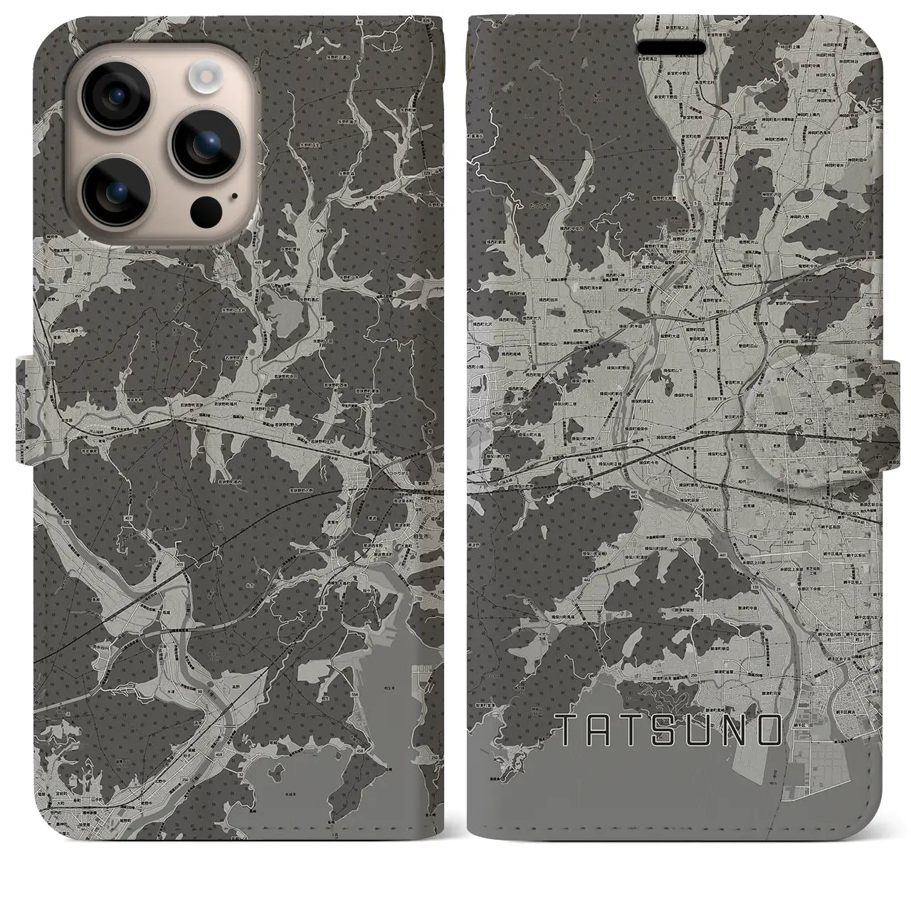 【たつの(兵庫県)】地図柄iPhoneケース(手帳タイプ)モノトーン・iPhone 16 Plus 用