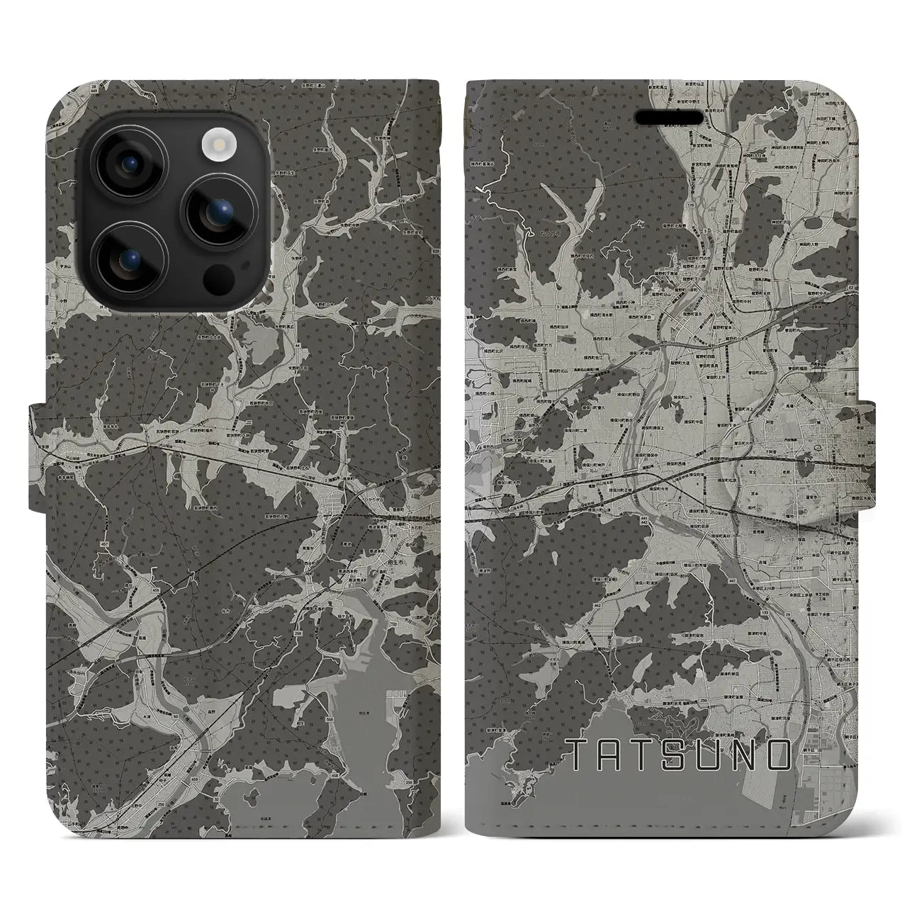 【たつの(兵庫県)】地図柄iPhoneケース(手帳タイプ)モノトーン・iPhone 16 用