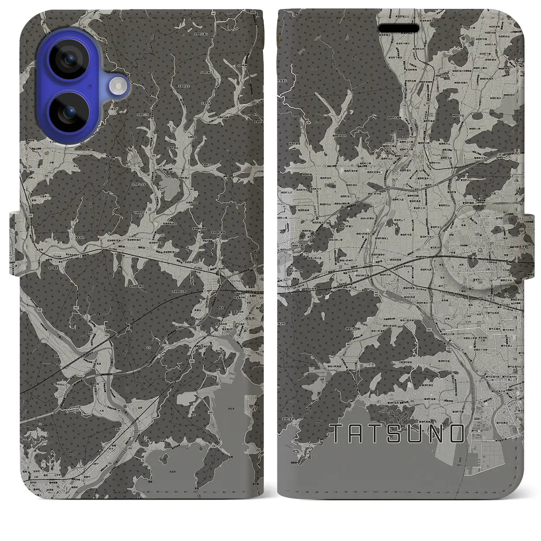 【たつの(兵庫県)】地図柄iPhoneケース(手帳タイプ)モノトーン・iPhone 16 Pro Max 用