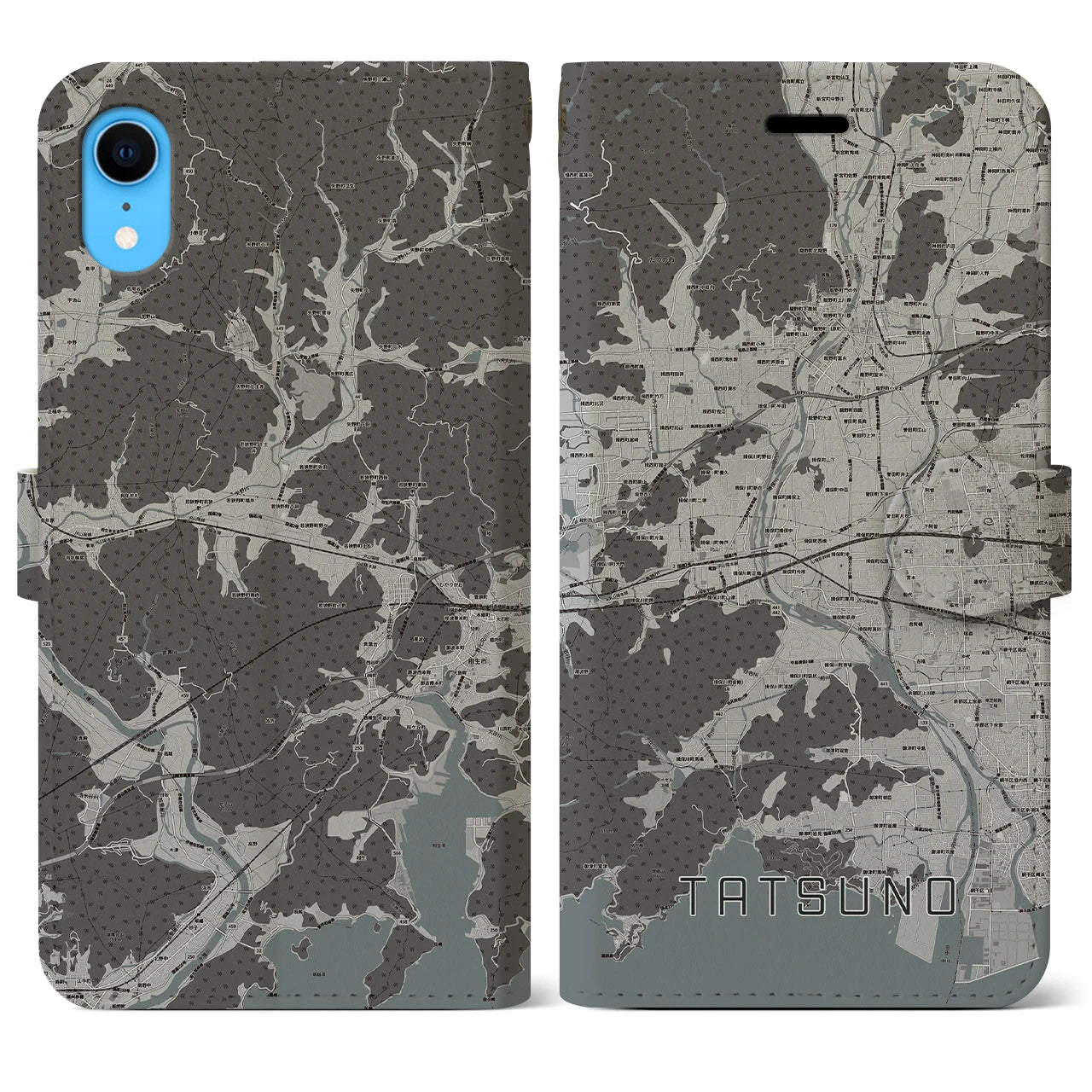 【たつの(兵庫県)】地図柄iPhoneケース(手帳タイプ)モノトーン・iPhone XR 用