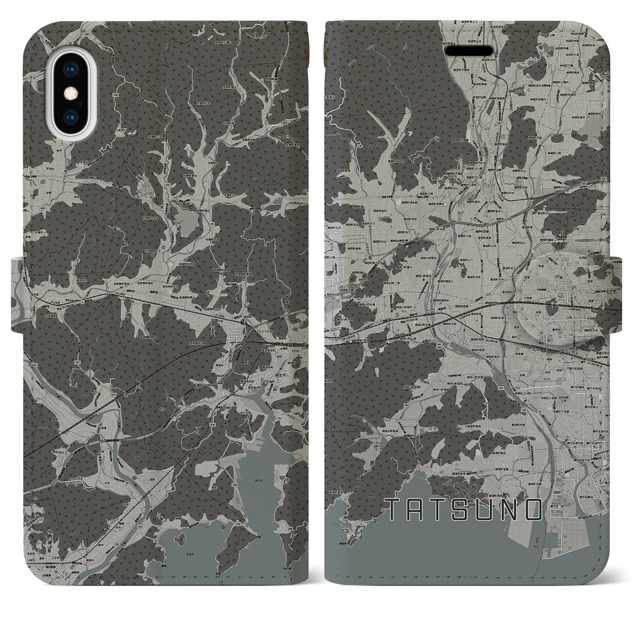 【たつの(兵庫県)】地図柄iPhoneケース(手帳タイプ)モノトーン・iPhone XS Max 用