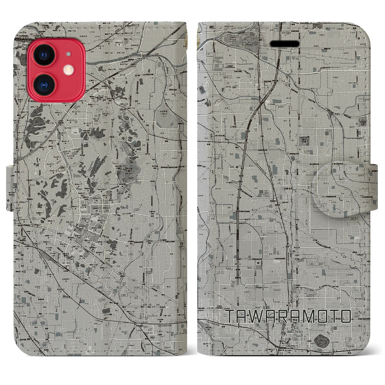 【田原本(奈良県)】地図柄iPhoneケース(手帳タイプ)モノトーン・iPhone 11 用