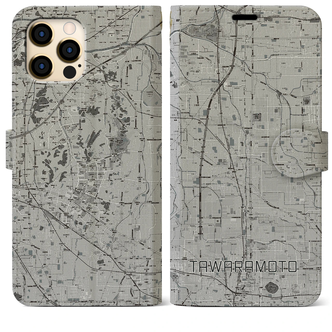 【田原本(奈良県)】地図柄iPhoneケース(手帳タイプ)モノトーン・iPhone 12 Pro Max 用