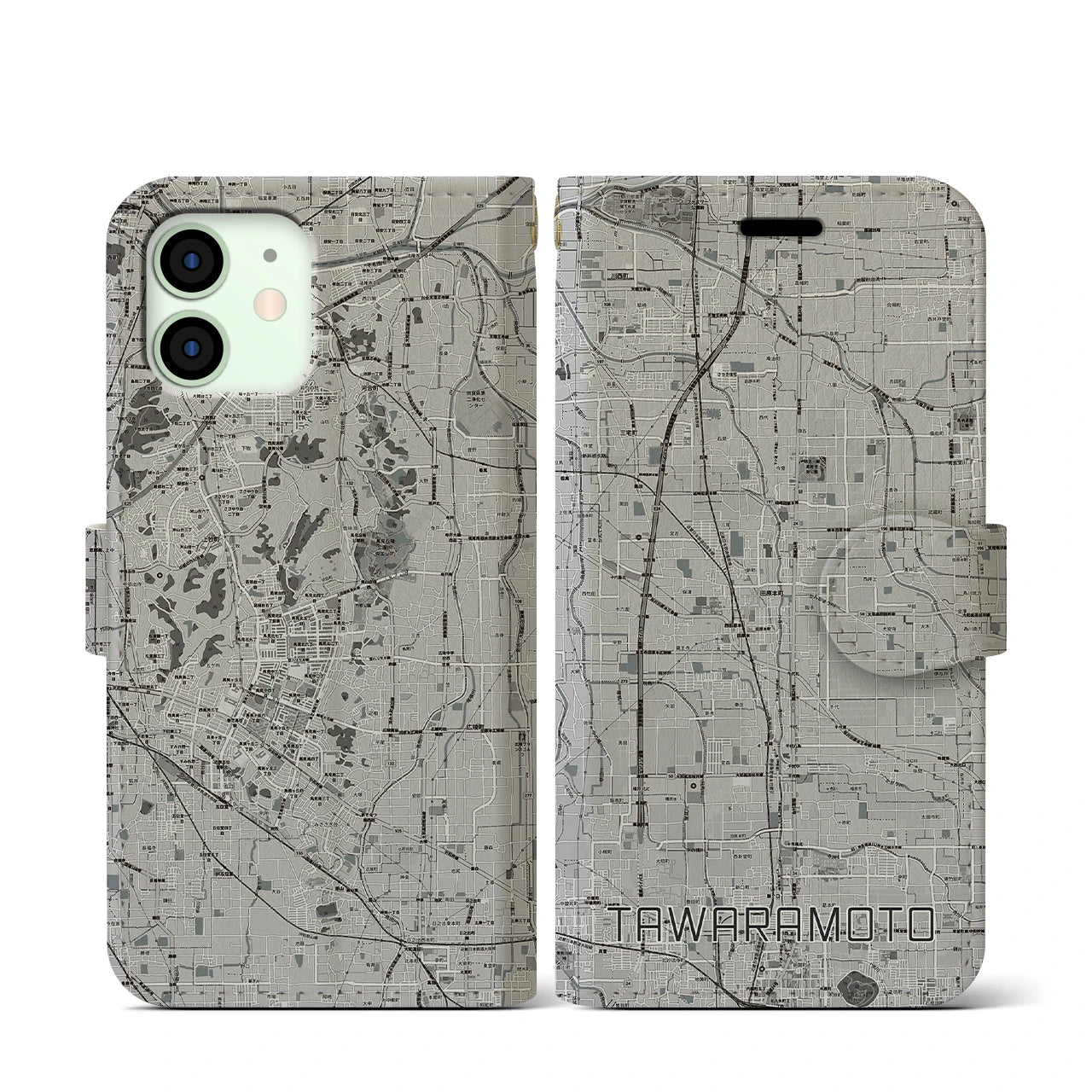 【田原本(奈良県)】地図柄iPhoneケース(手帳タイプ)モノトーン・iPhone 12 mini 用