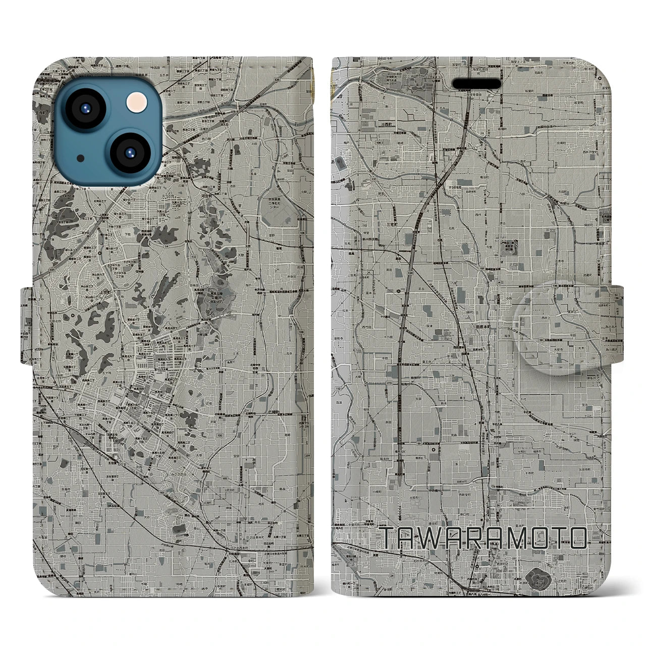 【田原本(奈良県)】地図柄iPhoneケース(手帳タイプ)モノトーン・iPhone 13 用
