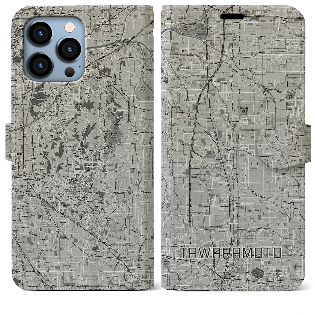 【田原本(奈良県)】地図柄iPhoneケース(手帳タイプ)モノトーン・iPhone 13 Pro Max 用