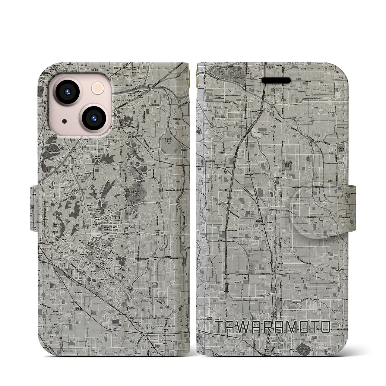 【田原本(奈良県)】地図柄iPhoneケース(手帳タイプ)モノトーン・iPhone 13 mini 用