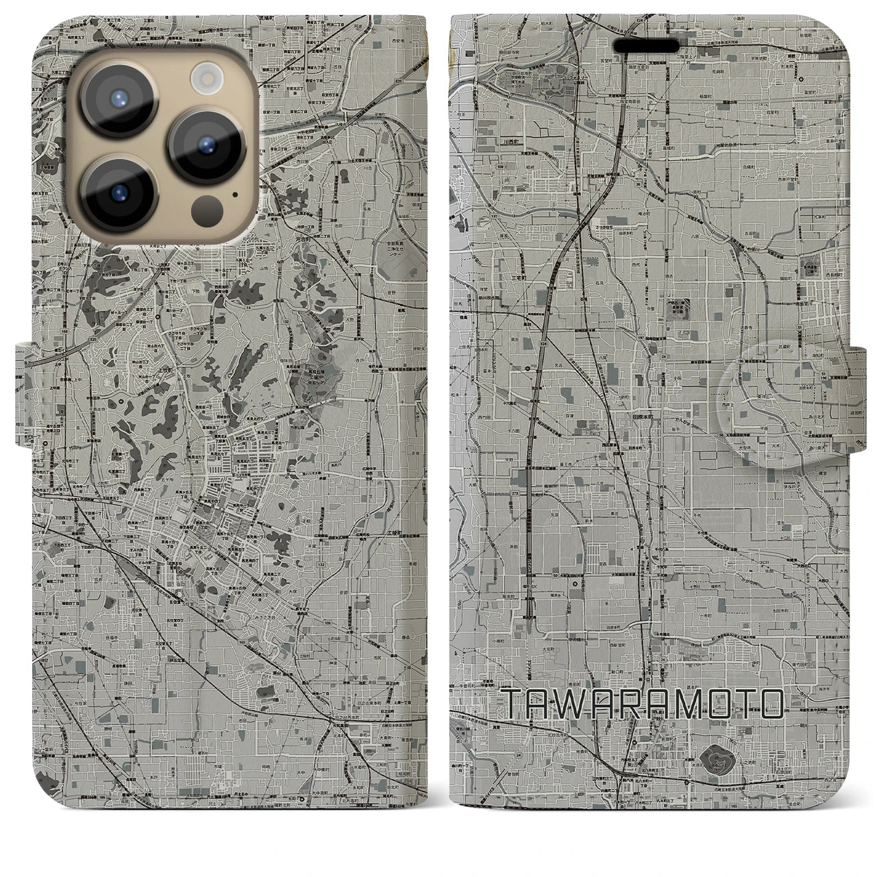 【田原本(奈良県)】地図柄iPhoneケース(手帳タイプ)モノトーン・iPhone 14 Pro Max 用