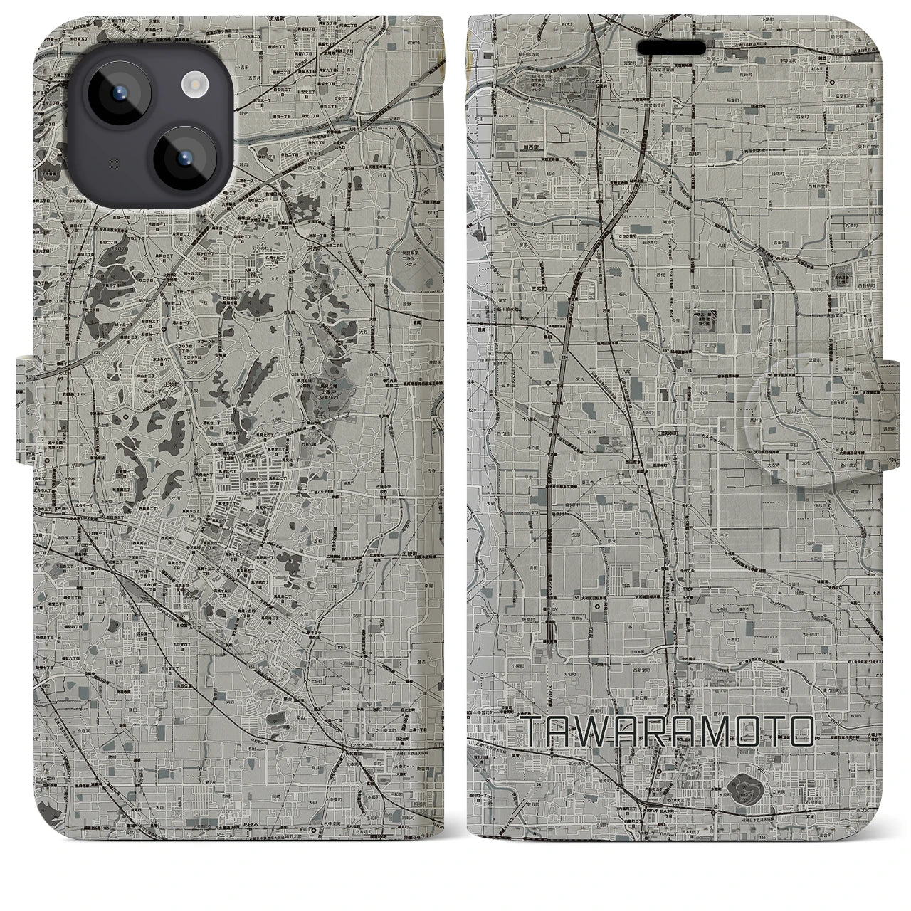 【田原本(奈良県)】地図柄iPhoneケース(手帳タイプ)モノトーン・iPhone 14 Plus 用