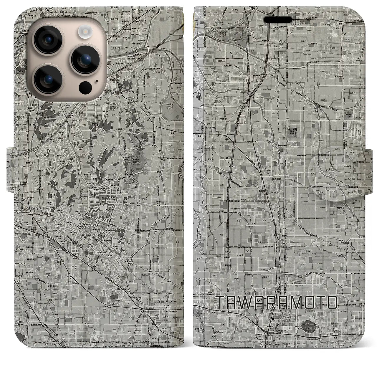 【田原本(奈良県)】地図柄iPhoneケース(手帳タイプ)モノトーン・iPhone 16 Plus 用