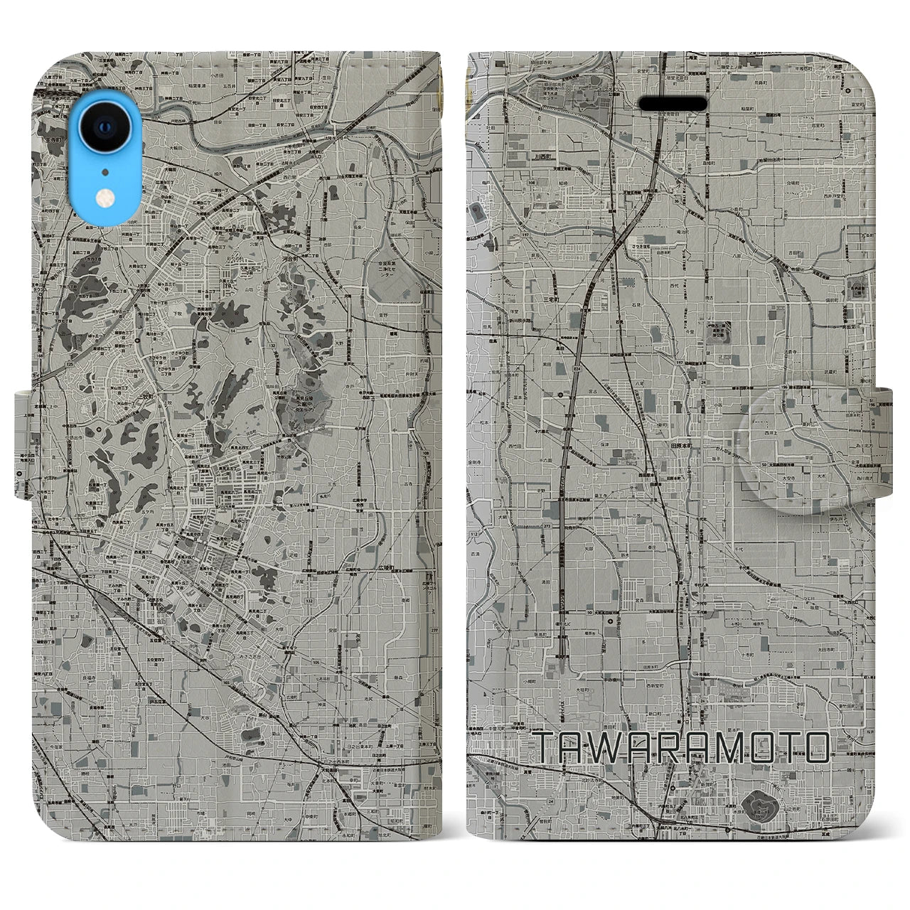 【田原本(奈良県)】地図柄iPhoneケース(手帳タイプ)モノトーン・iPhone XR 用