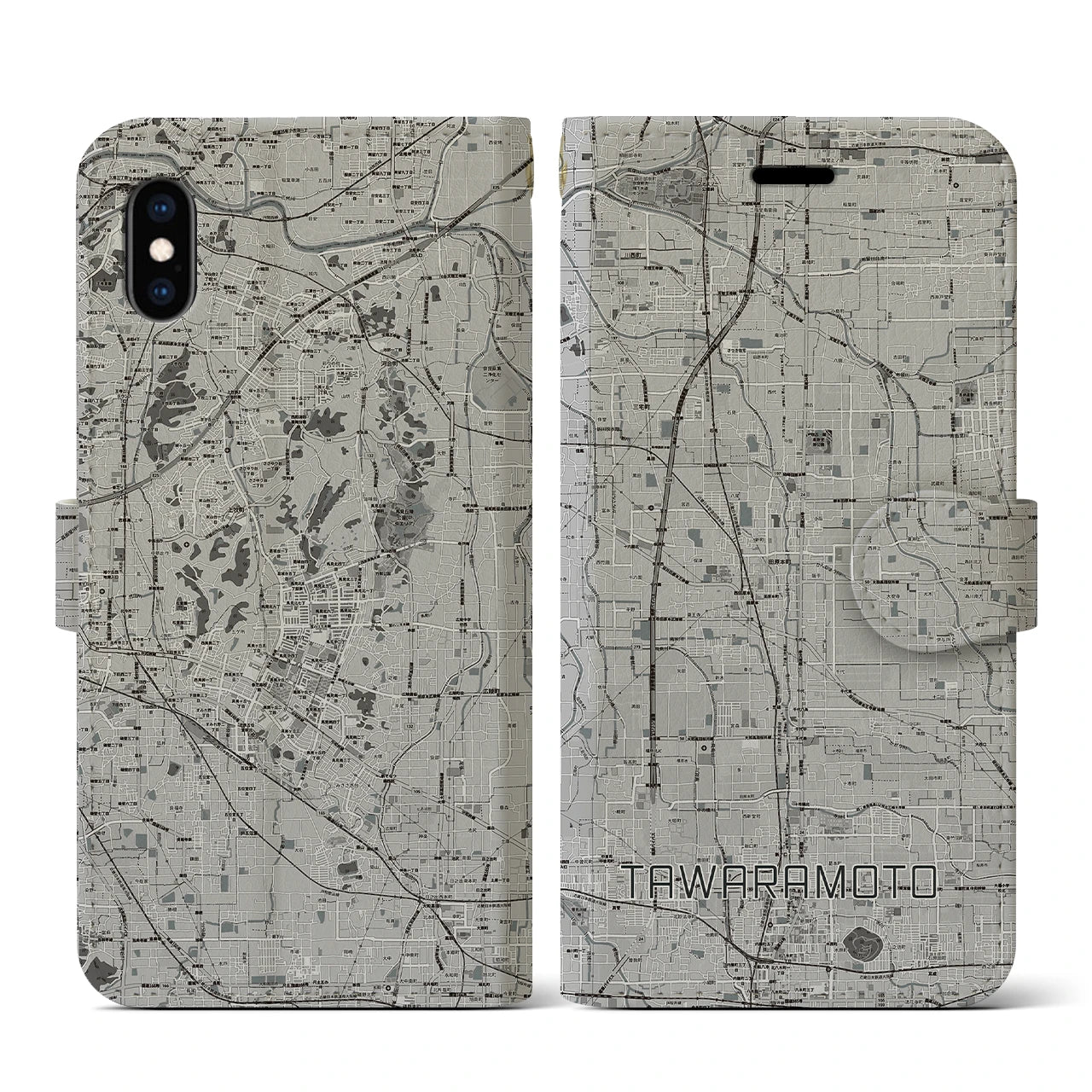 【田原本(奈良県)】地図柄iPhoneケース(手帳タイプ)モノトーン・iPhone XS / X 用