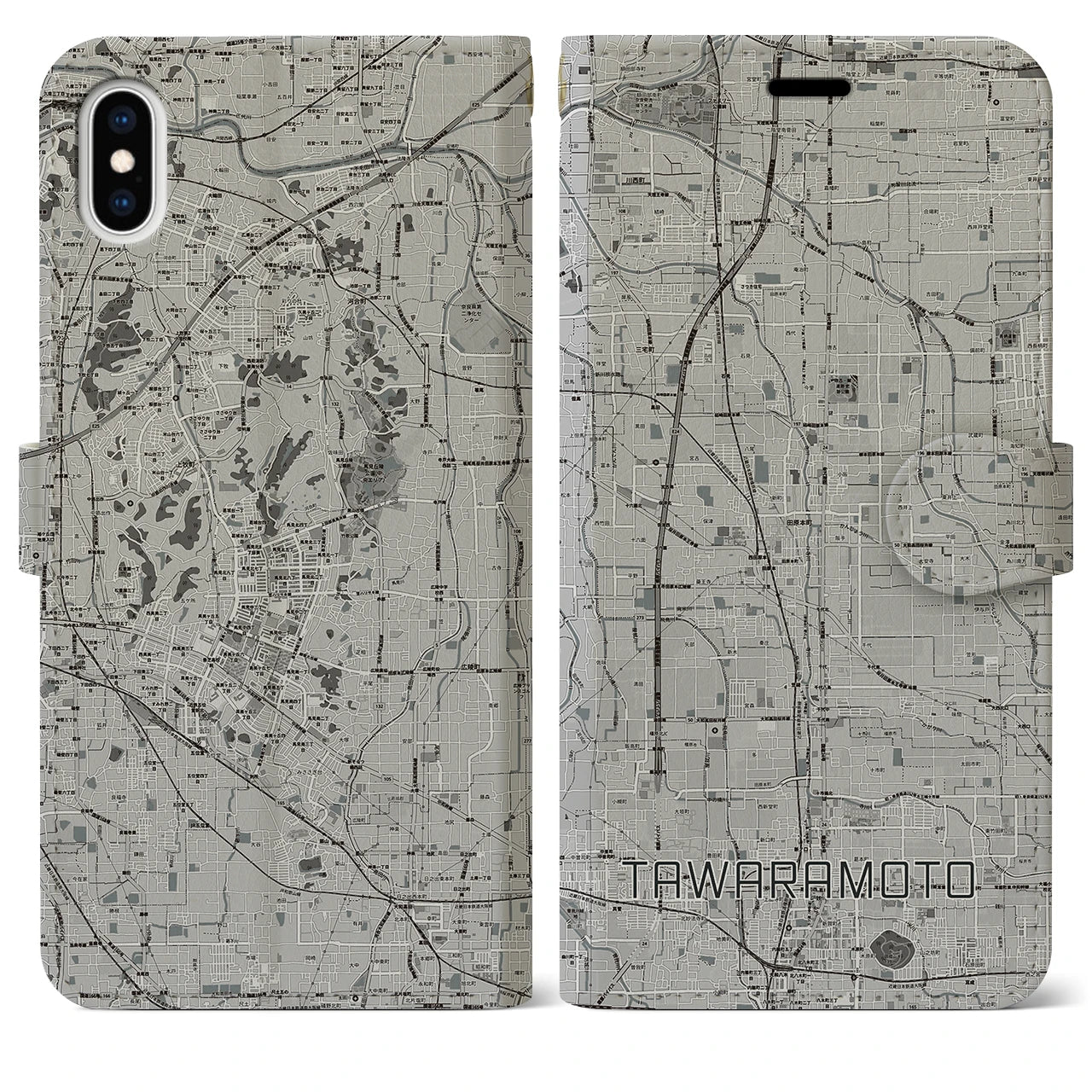 【田原本(奈良県)】地図柄iPhoneケース(手帳タイプ)モノトーン・iPhone XS Max 用