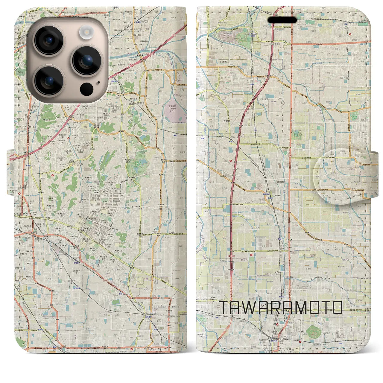 【田原本(奈良県)】地図柄iPhoneケース(手帳タイプ)ナチュラル・iPhone 16 Plus 用