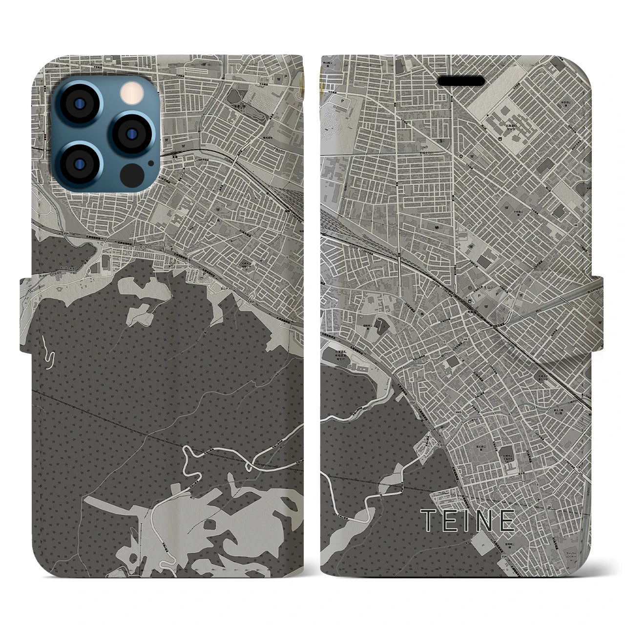 【手稲(北海道)】地図柄iPhoneケース(手帳タイプ)モノトーン・iPhone 12 / 12 Pro 用