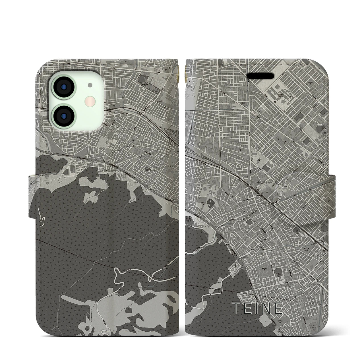 【手稲(北海道)】地図柄iPhoneケース(手帳タイプ)モノトーン・iPhone 12 mini 用