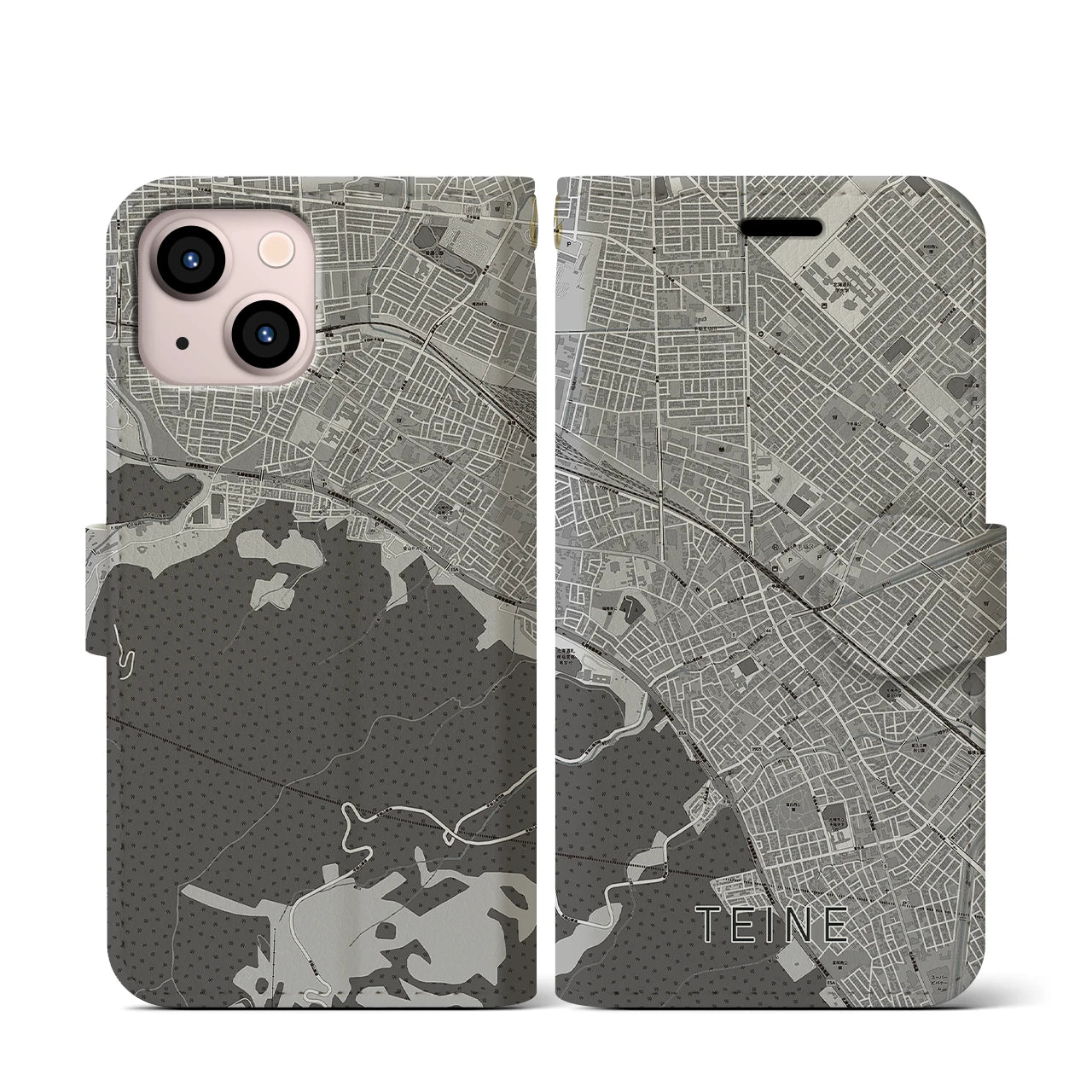 【手稲(北海道)】地図柄iPhoneケース(手帳タイプ)モノトーン・iPhone 13 mini 用