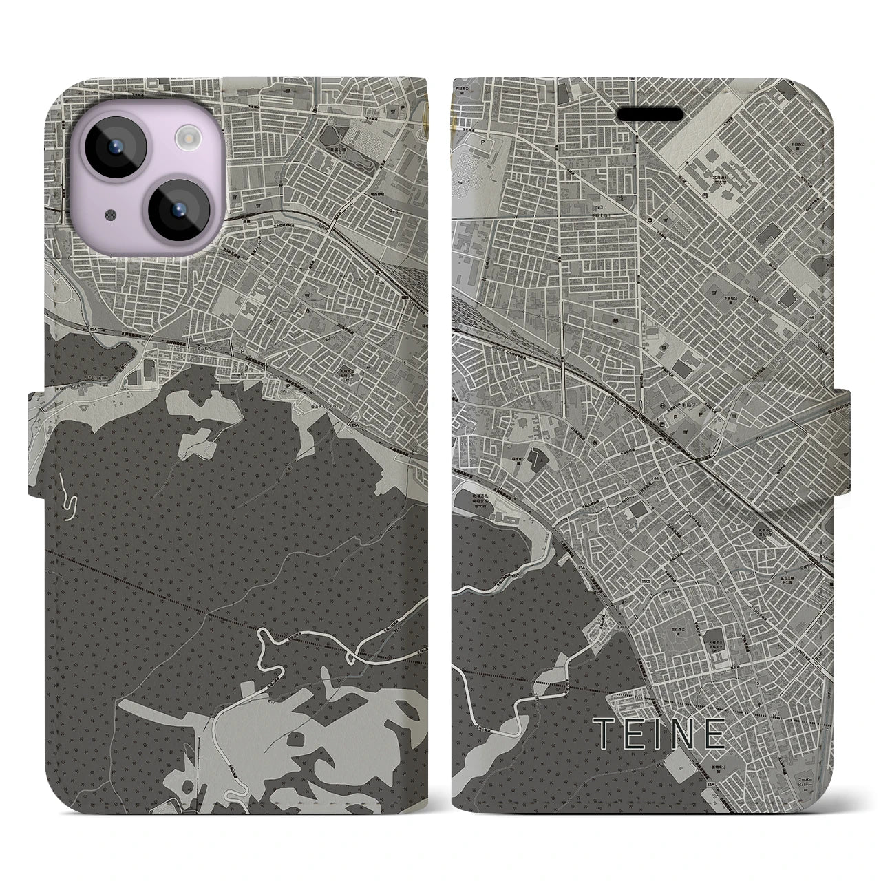 【手稲(北海道)】地図柄iPhoneケース(手帳タイプ)モノトーン・iPhone 14 用