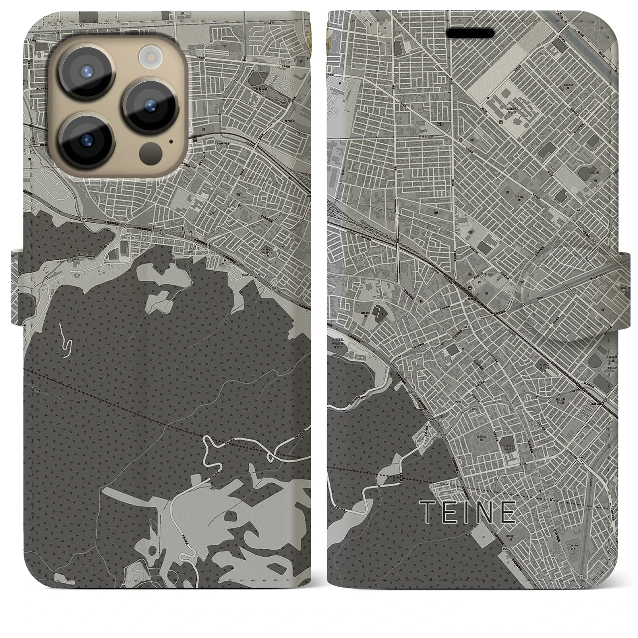 【手稲(北海道)】地図柄iPhoneケース(手帳タイプ)モノトーン・iPhone 14 Pro Max 用