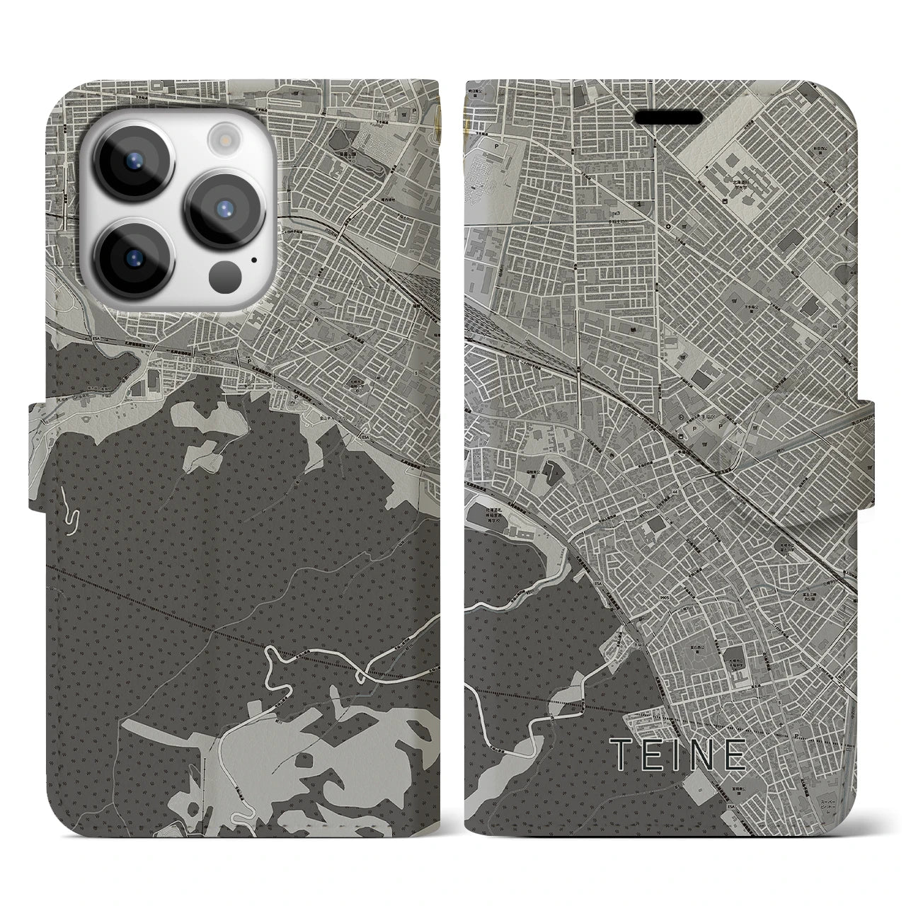 【手稲(北海道)】地図柄iPhoneケース(手帳タイプ)モノトーン・iPhone 14 Pro 用
