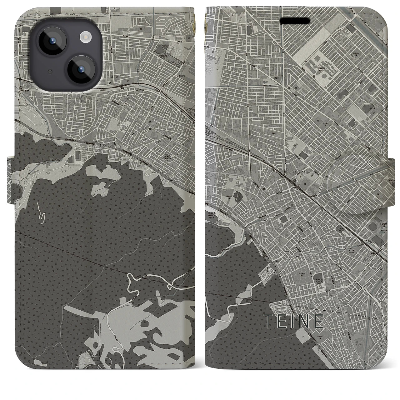 【手稲(北海道)】地図柄iPhoneケース(手帳タイプ)モノトーン・iPhone 14 Plus 用