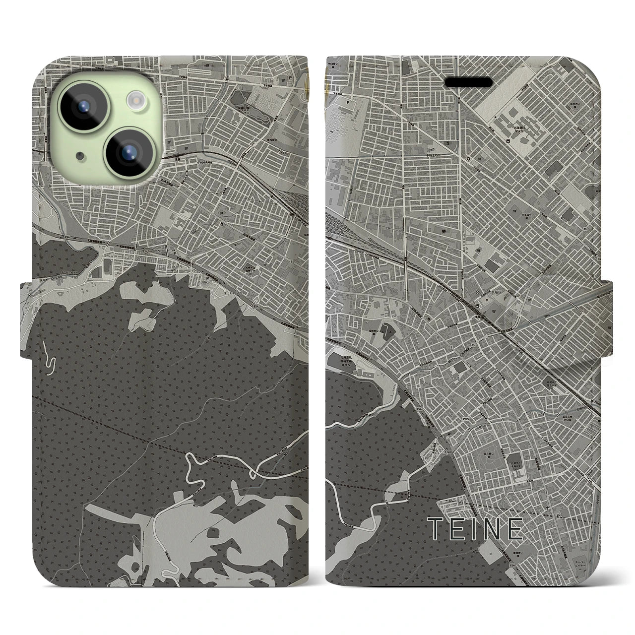 【手稲(北海道)】地図柄iPhoneケース(手帳タイプ)モノトーン・iPhone 15 用