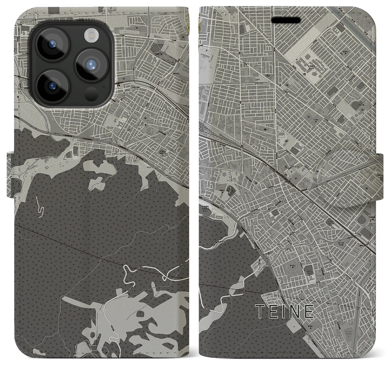 【手稲(北海道)】地図柄iPhoneケース(手帳タイプ)モノトーン・iPhone 15 Pro Max 用